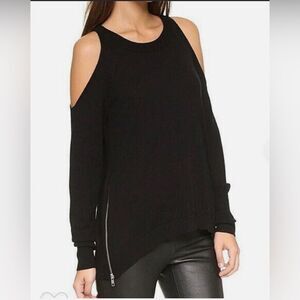 Ramy Brook “Tasha” Cold Shoulder Sweater S/P Black Merino Wool  Zip Sides